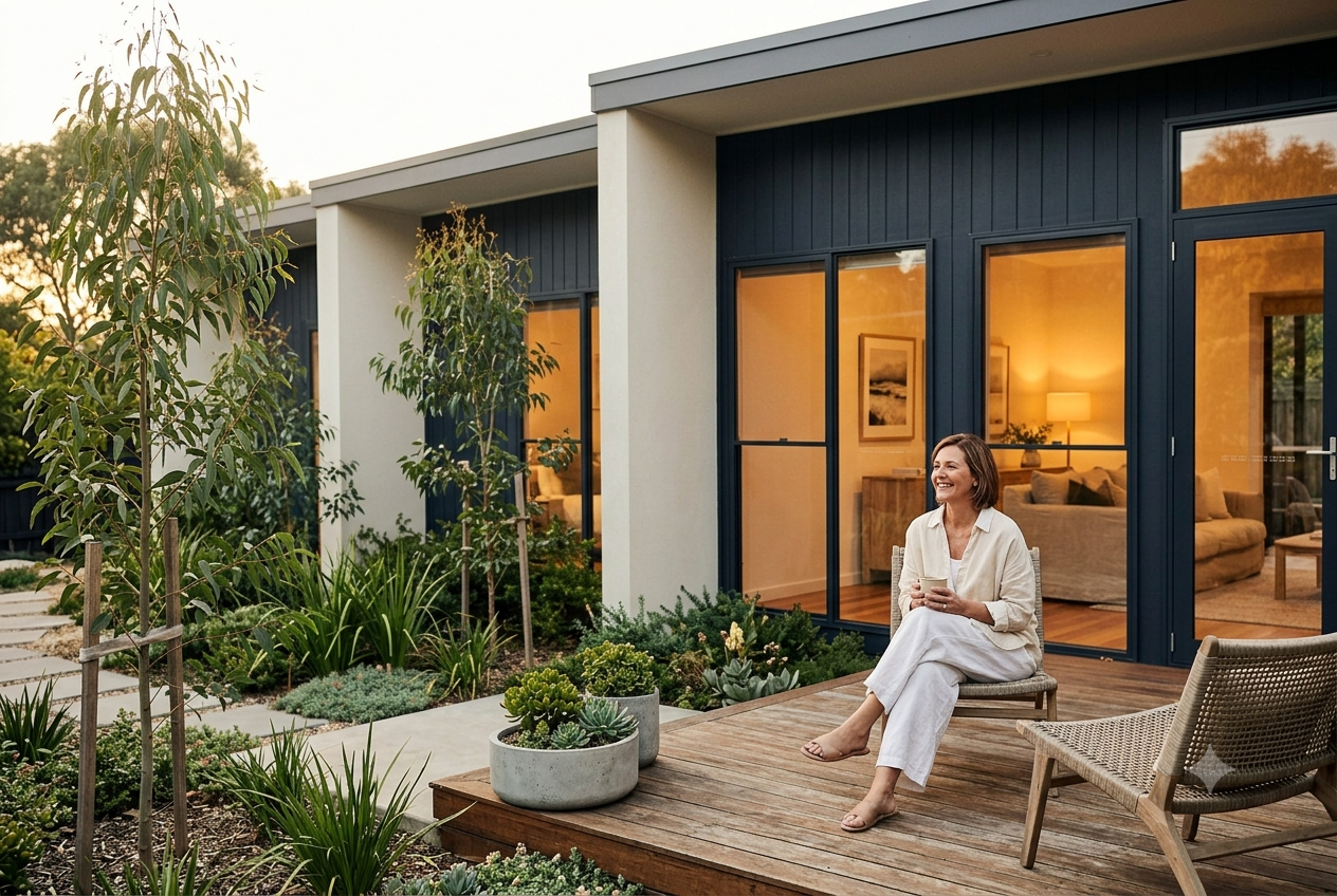 Two seniors enjoying morning coffee in the shared courtyard of a modern co-living home