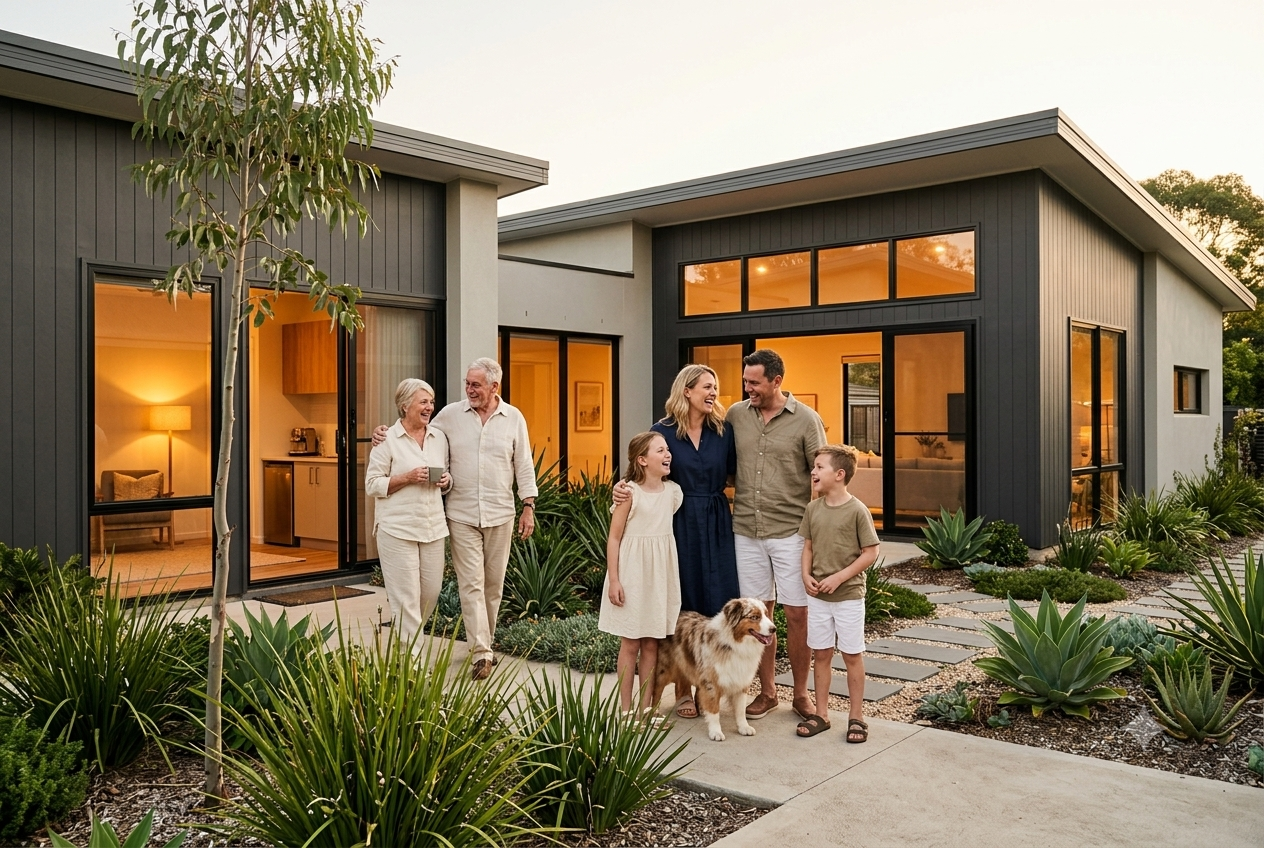 Grandparents walking from their private quarters to join the family for dinner in a multi-generational home