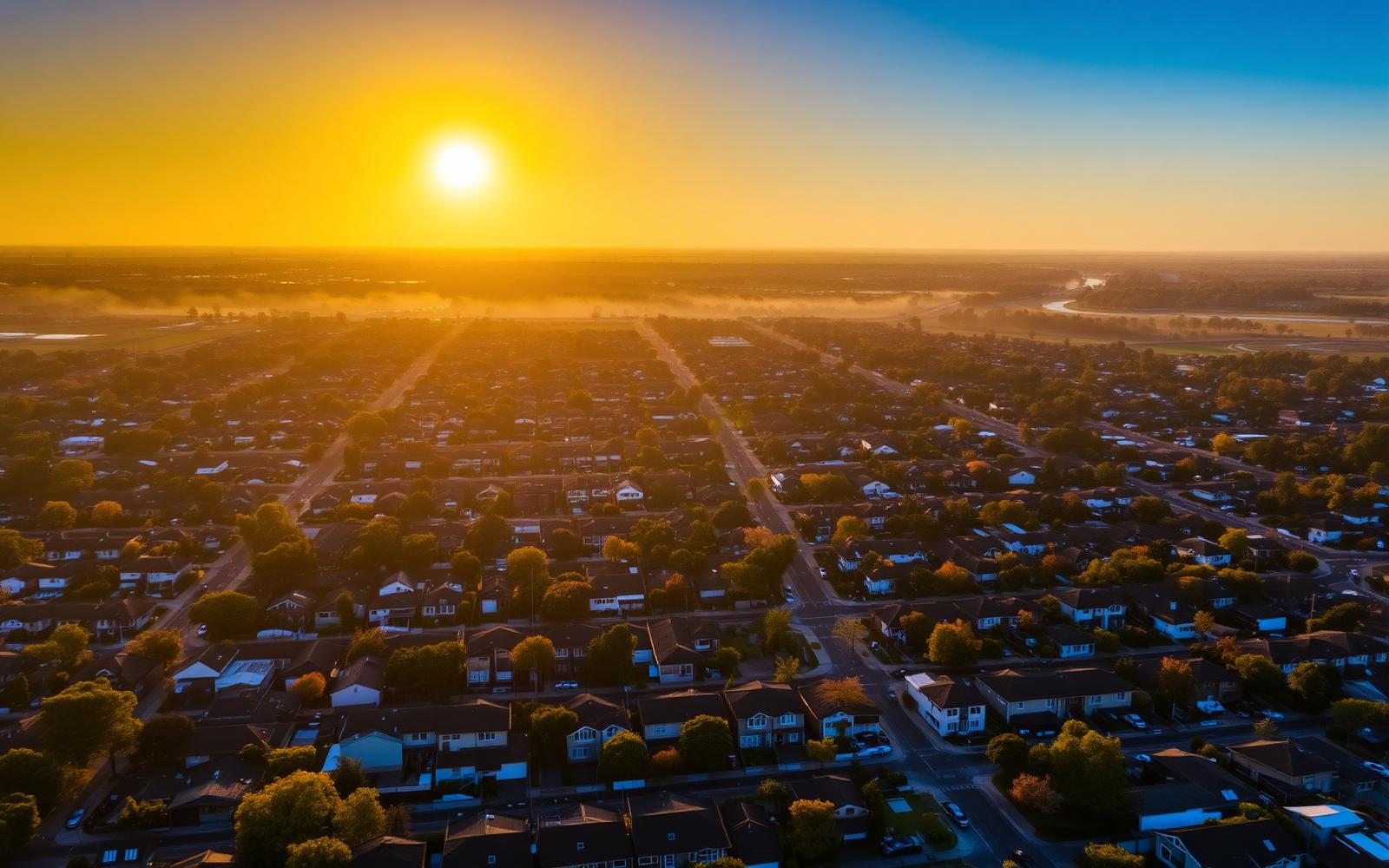 Aerial view of Melbourne suburbs at golden hour